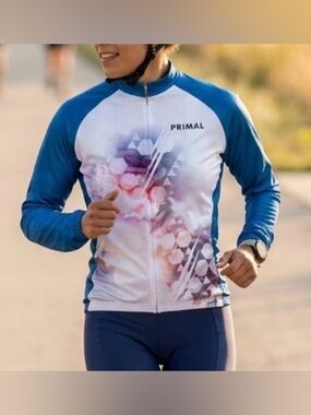 Primal Wear Women's Long Sleeve Cycling Jersey Floral Blue White Large Full Zip